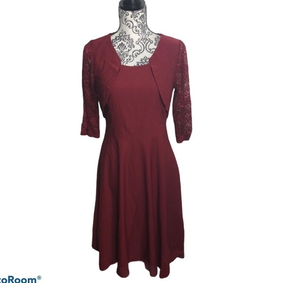 Miusol Dress Dark Red Fit Flare Lace 3/4 Sleeve L - Picture 1 of 8
